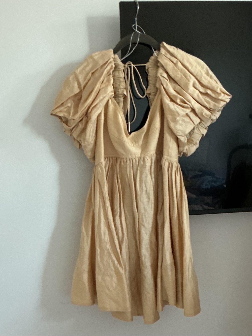 NWOT Acler Soft Gold Puff-Sleeve V-Neck Mini Dress